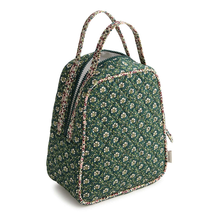 Side view of Vera Bradley Lunch Bag in Mistletoe Lattice with green quilted floral print and dual handles.