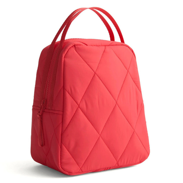 Vera Bradley quilted lunch tote in vibrant Cayenne red Featherweight fabric, featuring a diamond-stitched design, dual top handles, and a zippered main compartment