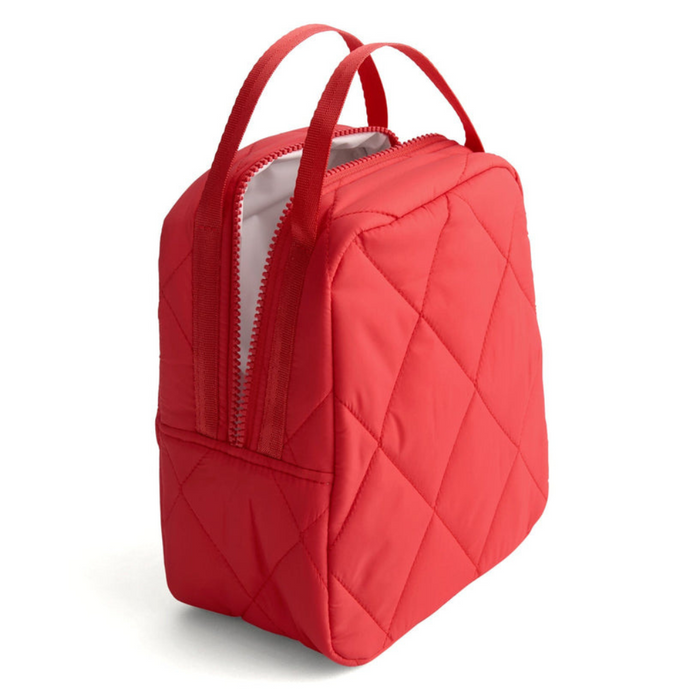 Vera Bradley quilted lunch tote in vibrant Cayenne red Featherweight fabric, featuring a diamond-stitched design, dual top handles, and a zippered main compartment