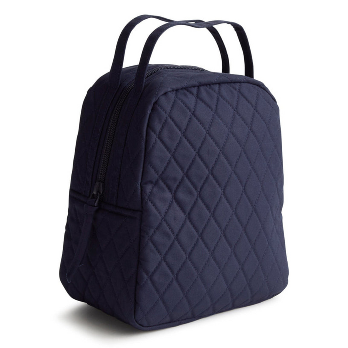 Vera Bradley Lunch Tote in Peacoat with quilted navy cotton exterior, open top showing insulated interior and double handles