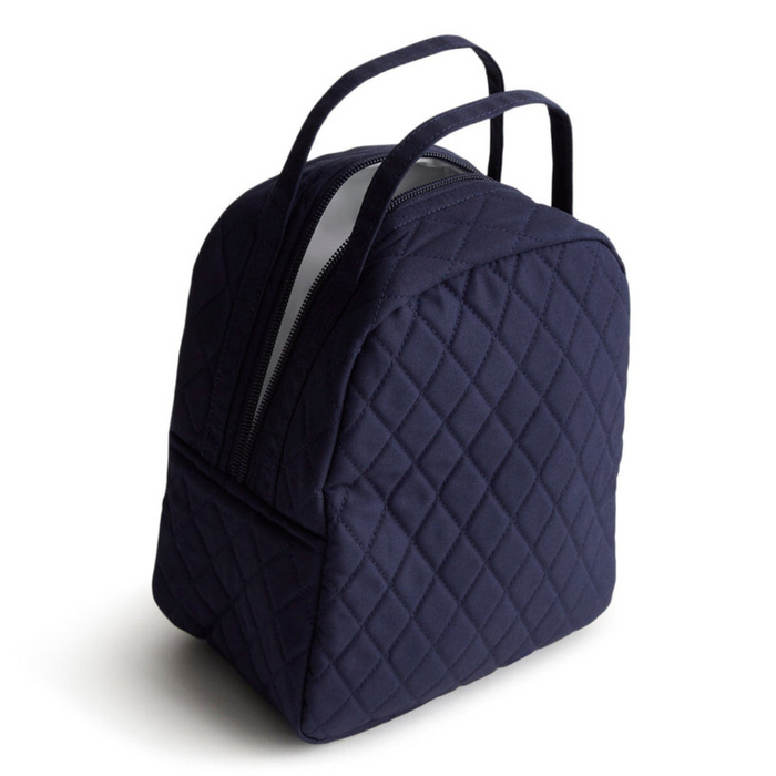 Side view of Vera Bradley Lunch Tote in Peacoat featuring quilted navy premium cotton fabric and dual top handles