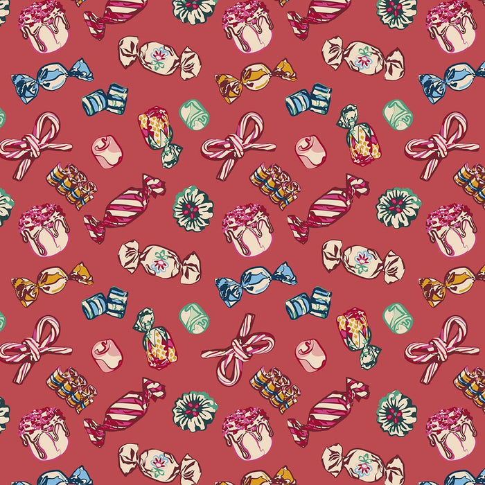 Somethin’ Sweet pattern close-up featuring colorful candies, bows, and treats on coral-red background.