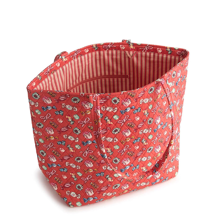 Inside view of Vera Bradley Marston Grand Tote Bag in Somethin’ Sweet showing striped lining and zip pocket.
