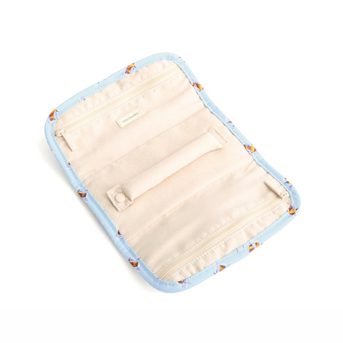 Interior view of Vera Bradley Jewelry Roll in Bee's Knees, showing zip compartments and padded ring holder on soft beige lining