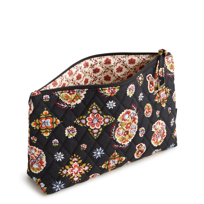 Inside view of Vera Bradley North Star Sky Medium Pouch showing spacious interior with red floral lining and zip-top closure