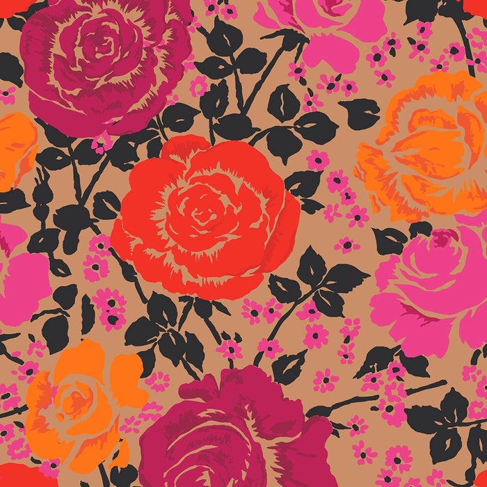 Close-up of Coming Up Roses pattern featuring bright red, orange, pink, and magenta roses on tan background.