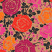 Close-up of Coming Up Roses pattern featuring bright red, orange, pink, and magenta roses on tan background.