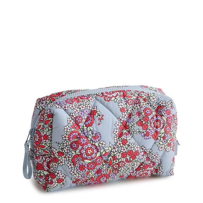 Front view of Vera Bradley Paisley Bouquet Medium Cosmetic Bag with floral pattern on light blue background