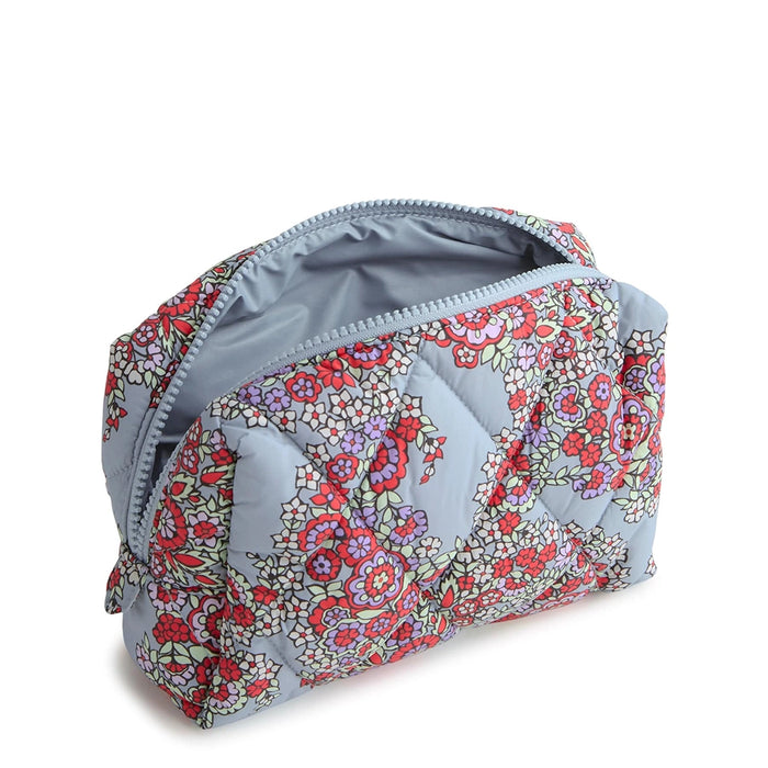 Open Vera Bradley Paisley Bouquet Medium Cosmetic Bag displaying spacious interior with wipe-clean lining