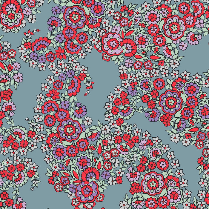 Close-up of Vera Bradley Paisley Bouquet floral pattern with red, lavender, and mint flowers on blue background