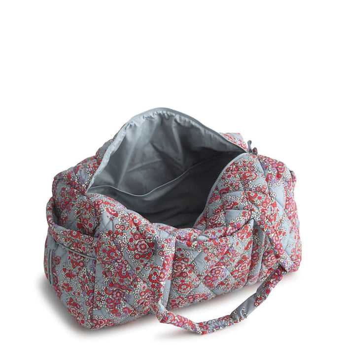 Inside view of Vera Bradley Paisley Bouquet Original Duffel Bag showing spacious gray-lined interior.