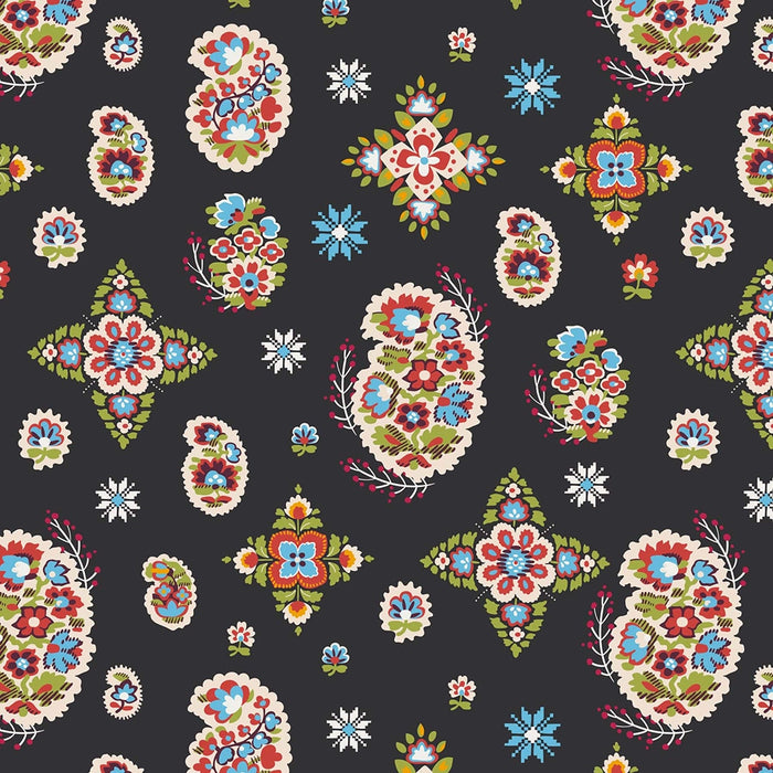 swatch of the “North Star Sky” pattern — a dark background with colorful cross-stitch-inspired floral medallions.