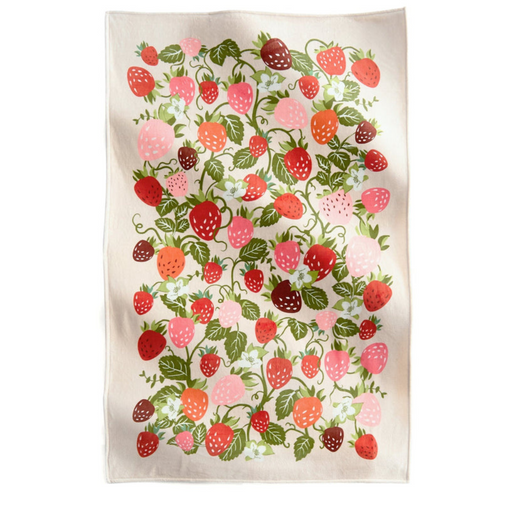 Unfolded Vera Bradley Plush Throw Blanket featuring Strawberry Vines pattern with red, pink, and orange strawberries and leafy vines on a soft cream fleece