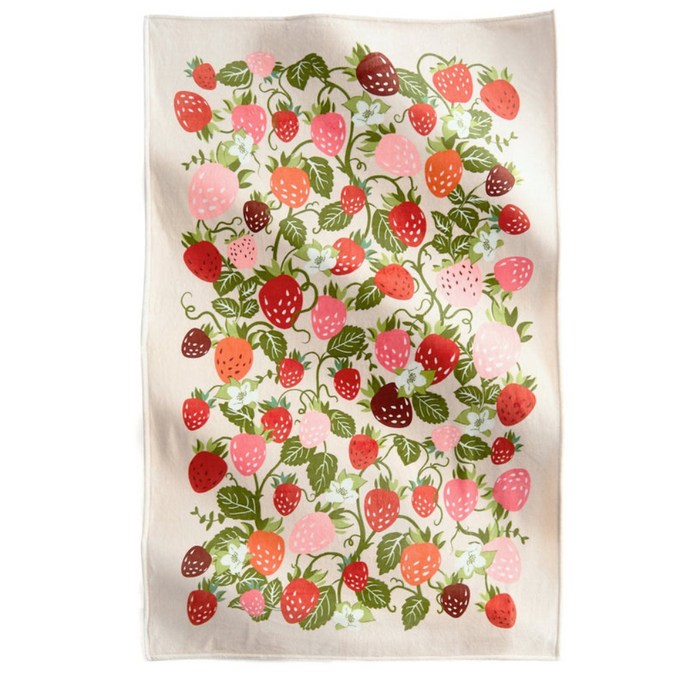 Unfolded Vera Bradley Plush Throw Blanket featuring Strawberry Vines pattern with red, pink, and orange strawberries and leafy vines on a soft cream fleece