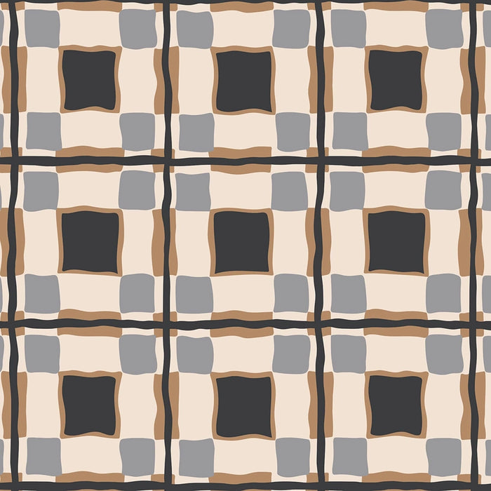 Close-up of Wavy Plaid Alloy pattern featuring neutral gray, beige, and black squares