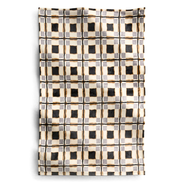 Vera Bradley Plush Throw Blanket laid flat showing wavy plaid design in gray, cream, and tan tones”