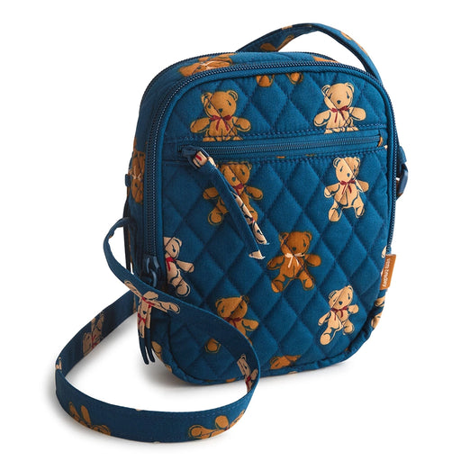 Front view of Vera Bradley Sullivan Crossbody in Bunch of Bears showing teal quilted cotton and teddy bear pattern.