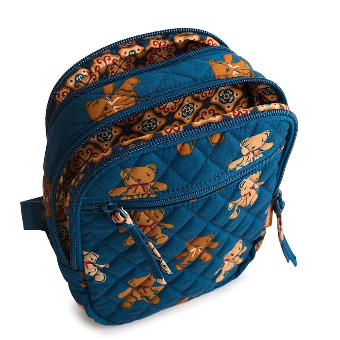 Top view of Vera Bradley Sullivan Crossbody showing two zippered compartments with floral interior lining.