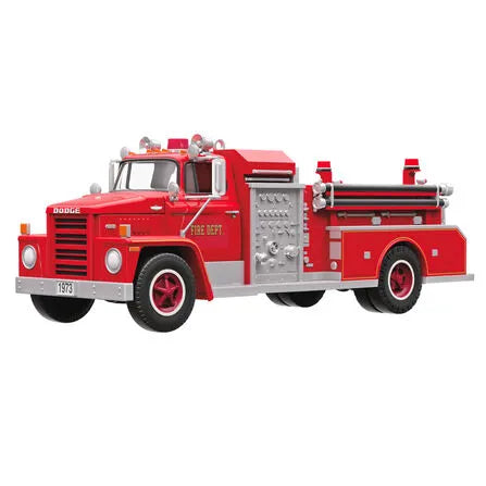 Red 1973 Dodge C800 Fire Engine ornament with silver cab and 'FIRE DEPT' lettering