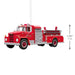 Red plastic fire truck ornament with size indicator and white hanging loop