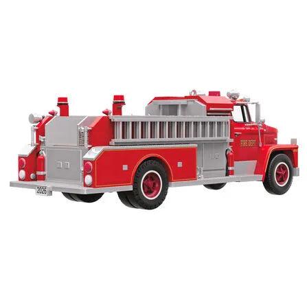 Rear view of red 1973 Dodge fire engine ornament showing ladder rack and '2026' plate