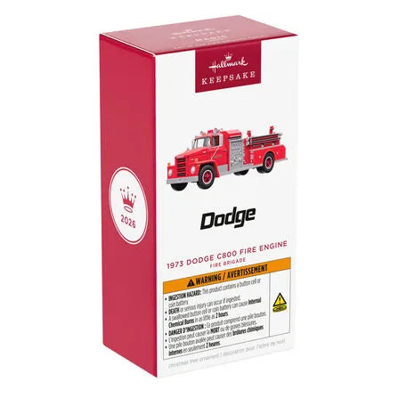 Hallmark Keepsake box for 1973 Dodge C800 Fire Engine ornament with 2026 emblem