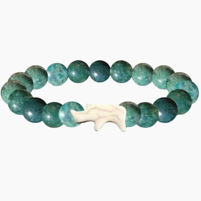 Fahlo The Charge Rhino Tracking Bracelet in Oasis with natural stone beads supporting rhino conservation and interactive wildlife tracking.