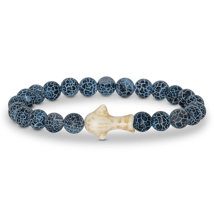 Fahlo Quest Bracelet with blue beads and a whale shark charm on a white background