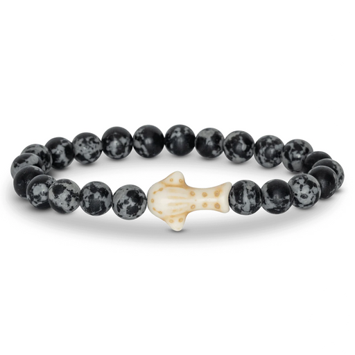 Fahlo Quest Black beaded bracelet with a white whale shark charm on a white background