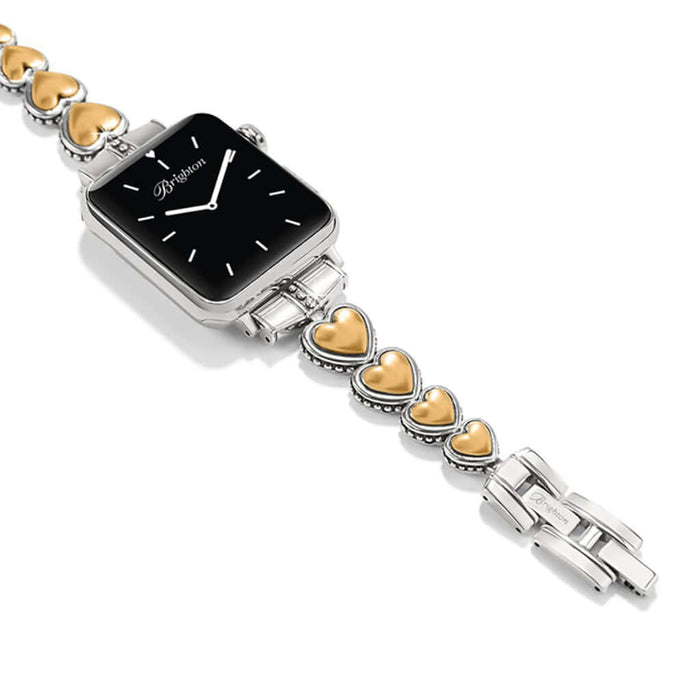Brighton Pretty Tough Heart Watch Band in a two-tone silver and gold finish featuring heart accents and signature studded detailing for a stylish smartwatch accessory.