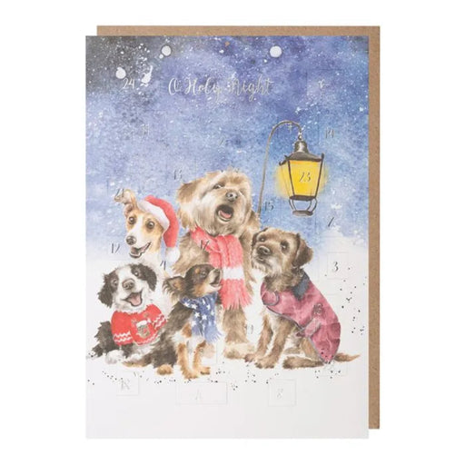 Christmas card with dogs in winter clothing and a lantern on a snowy background.
