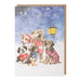 Christmas card with dogs in winter clothing and a lantern on a snowy background.