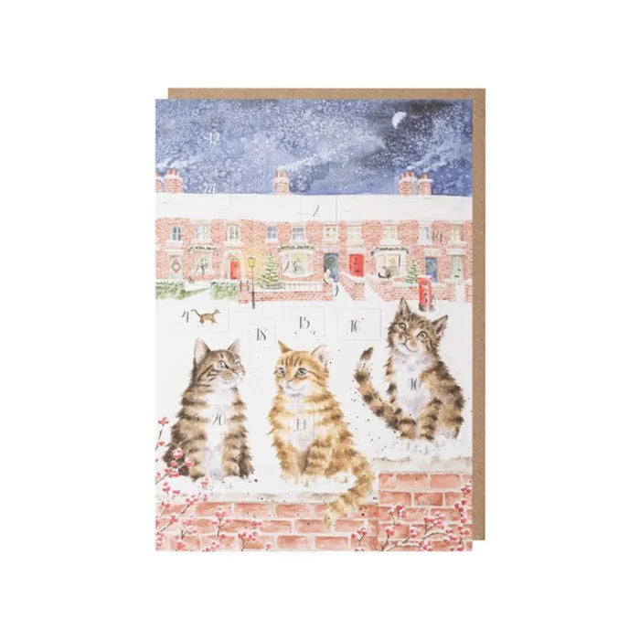 Greeting card with three cats on a snowy street scene
