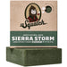 Dr. Squatch Sierra Storm men's natural soap on a stand with packaging in the background.