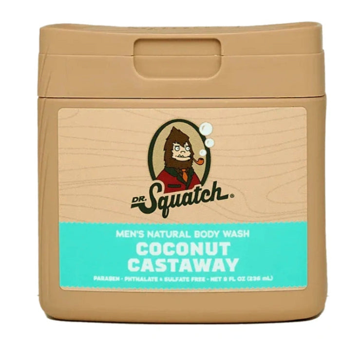Dr. Squatch 8 oz Coconut Castaway Body Wash delivers a warm, tropical fragrance inspired by sun-soaked beaches and fresh coconut.