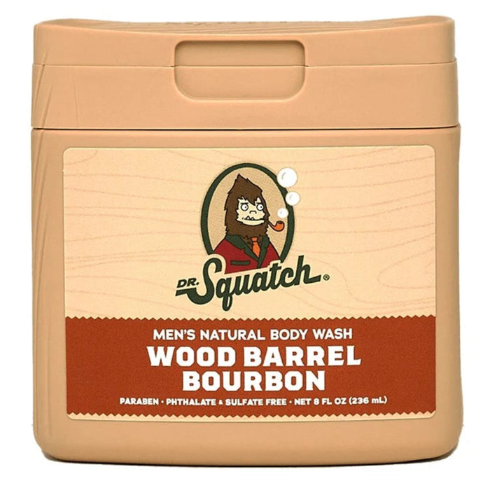 Dr. Squatch Wood Barrel Bourbon Natural Body Wash delivers a rich, masculine scent inspired by aged oak barrels and smooth bourbon. 