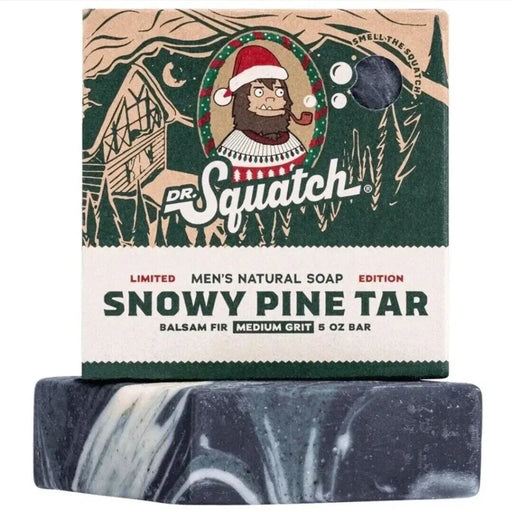 Dr. Squatch Snowy Pine Tar soap bar with packaging on a white background