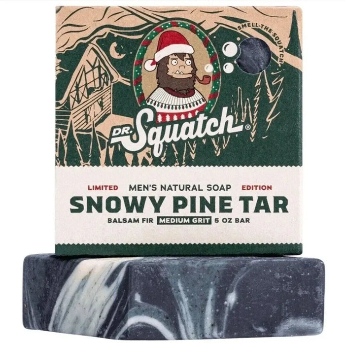 Dr. Squatch Snowy Pine Tar soap bar with packaging on a white background