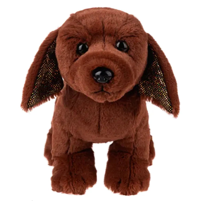A brown plush puppy toy with long floppy ears, shiny black eyes, and a black nose, photographed against a plain white background.
