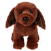 A brown plush puppy toy with long floppy ears, shiny black eyes, and a black nose, photographed against a plain white background.