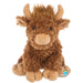 A brown fluffy Highland cow plush toy with light tan horns, snout, and feet, sitting against a plain white background. A small blue and white 'W' logo patch is visible on one foot.