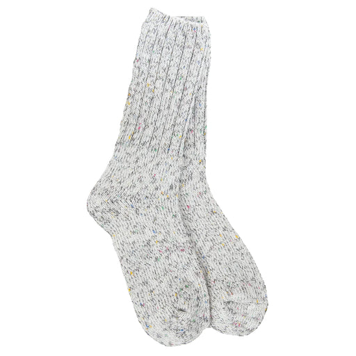 Pair of gray socks with speckles on a white background