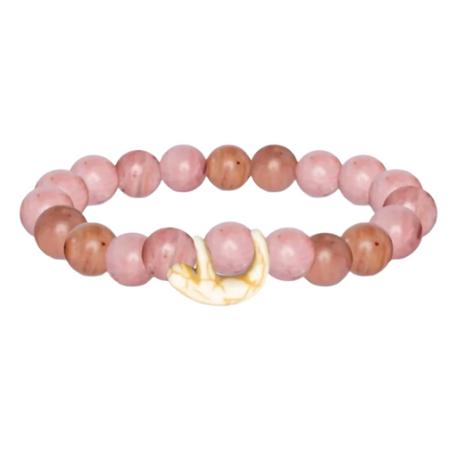 Beaded bracelet with pink beads and a Sloth charm on a white background