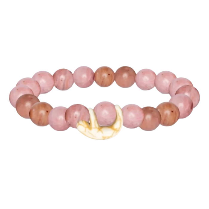 Beaded bracelet with pink beads and a Sloth charm on a white background