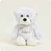Warmies Friends Bear Plush sitting upright with embroidered “friends” text on tummy and fluffy gray plush fur