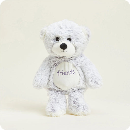 Full body view of Warmies Friends Bear Plush standing with soft gray fur, cuddly design, and friendly expression