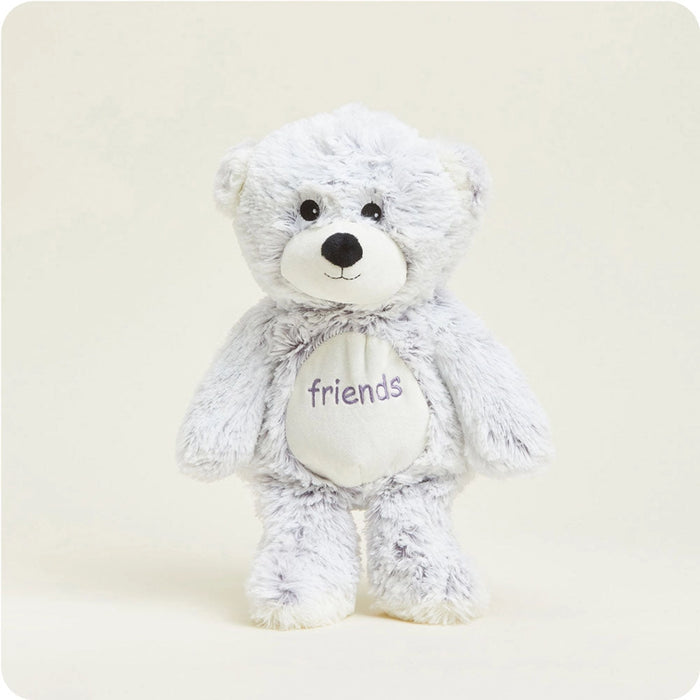 Full body view of Warmies Friends Bear Plush standing with soft gray fur, cuddly design, and friendly expression