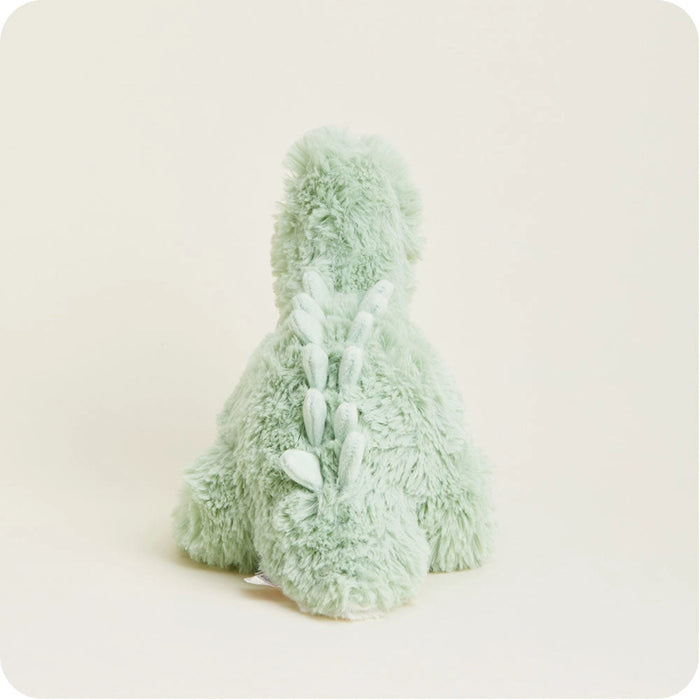 Back view of Warmies green dinosaur plush showing textured spine details