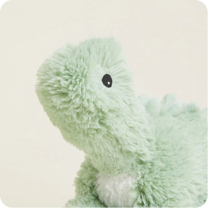 Close up of Warmies green dinosaur plush showing soft fabric and embroidered eye