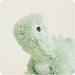 Close up of Warmies green dinosaur plush showing soft fabric and embroidered eye